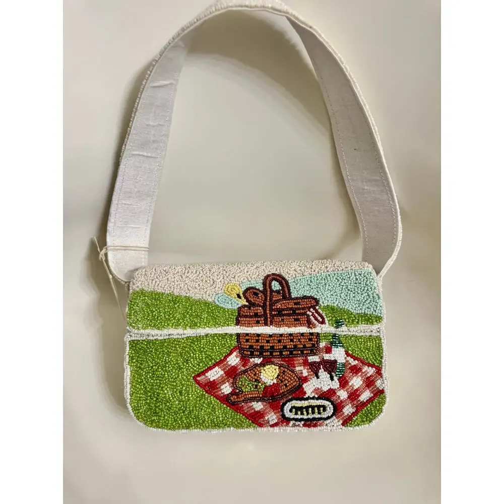 Sol & Mer Beaded Picnic Scene Shoulder Bag Novelty Handbag NWT